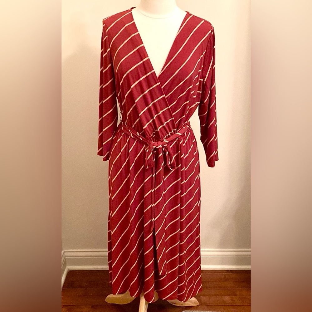 Lane Bryant Rust Red Cream Rope Print Faux Wrap Long Sleeve Jersey Dress 14/16
